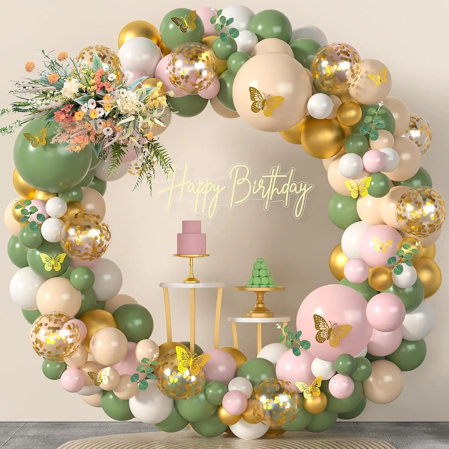 111 Uds. Kit de arco de globos verde salvia, rosa y Beige, globos de confeti de látex de oro blanco para decoraciones para fiesta de cumpleaños y Baby Shower