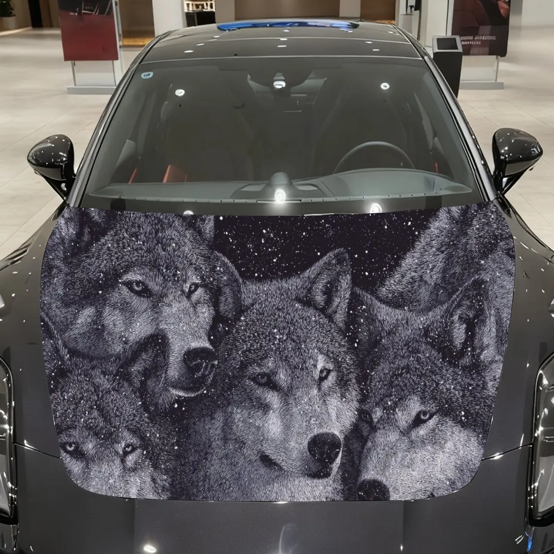 

Автомобильные наклейки с мотивом волчьего пакета в монохромных космических тонах крупным планом - с текстурированными меховыми деталями, дикой природой, готической эстетикой и поли