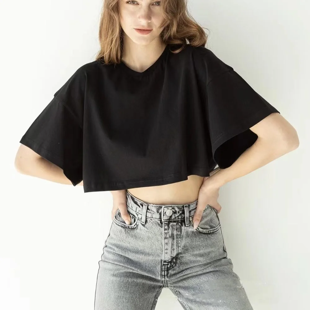 New Pure Cotton ort Sve Loose  Color ort T-irt Women's Casual Summer Top round Ne Line Design