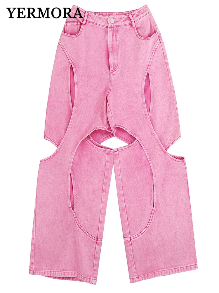

YERMORA Джинсовые брюки розового цвета с высокой талией и широкими штанинами для женщин, свободные модные брюки, весна-осень 2025 A149