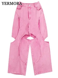 YERMORA High Waist Pink Color Denim Hollow Out Wide Leg Long Pants For Women Loose Fit Fashion Trousers Spring Autumn 2025 A149