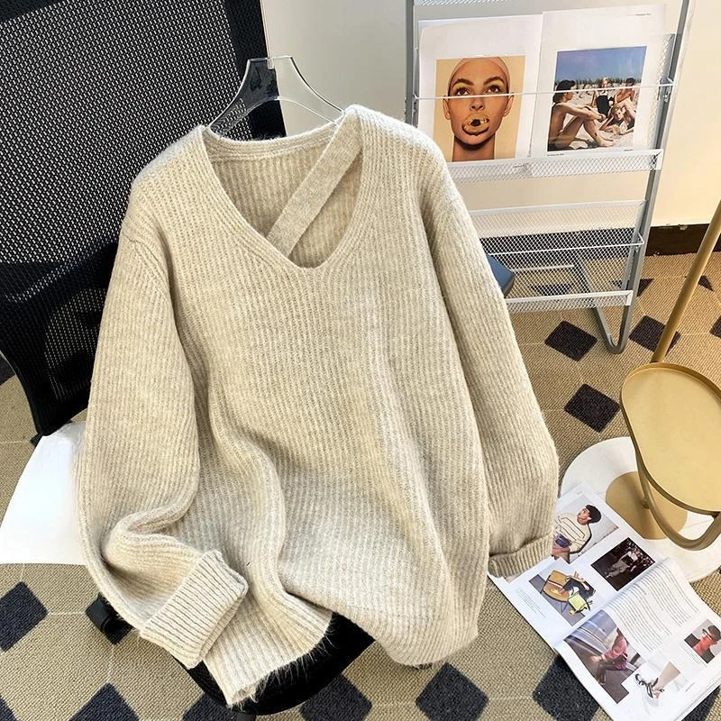 DAYIFUN V-neck Hollow Out Pullover for Ladies Autumn Winter Korean Thick Design Chic Sweater Solid Color Office Lady Knitwear