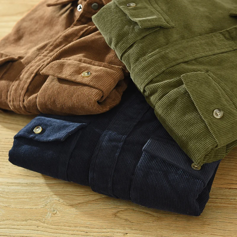 Autumn New Vintage Cargo Corduroy Shirts for Men Casual 100% Cotton Loose Turn-down Collar Shirts C6631