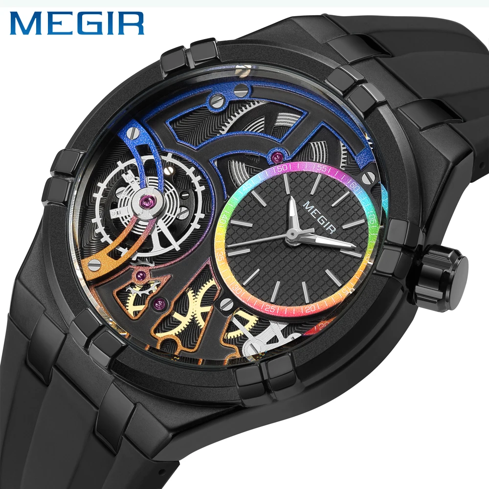 MEGIR Analog Quartz Watch for Men Silicone Strap Alloy Case Wateproof Luminous Men\'s  Wristwatches Stereoscopic 3D Dial