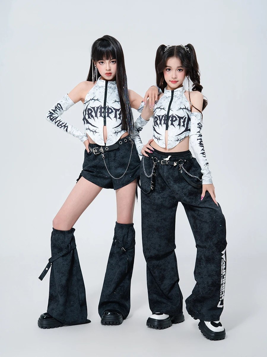 Trajes de baile de Jazz modernos 2025 para niñas, Tops plateados, pantalones sueltos, traje de práctica, ropa de calle, ropa de actuación de Hip Hop DQS19715