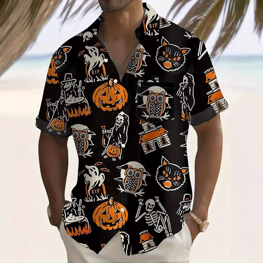 Y2K Men Vintage Shirt Summer New Hawaiian Short Sleeve Shirt Mens Halloween Pumpkin Print Beach Casual Shirts Man Oversized Hemd