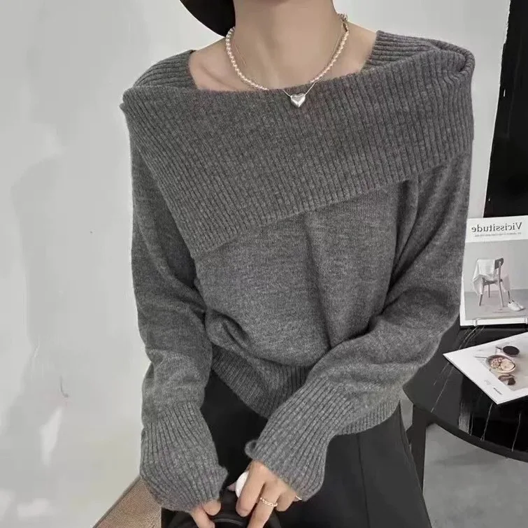 

2025 Womens Chic Grey Ribbed Knit Off The Shoulder Sweater Asymmetrical Cowl Neck Long Sleeve Pullover