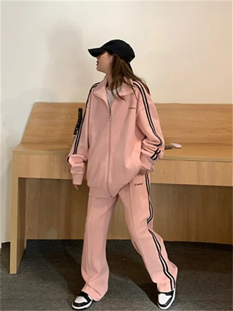 Imagem -02 - Fato de Treino para Jogging Coreano Feminino Estilo Preppy Calças Rosa Streetwear Kpop Solto Capuz Listrado Moletom Outono Moda Y2k