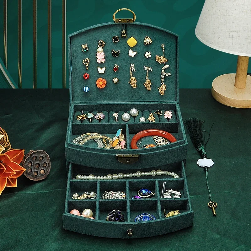 Lbarley 2025 New Velvet  Wooden Double Layer Jewelry Box With Lock 2 Layers Necklace Holder