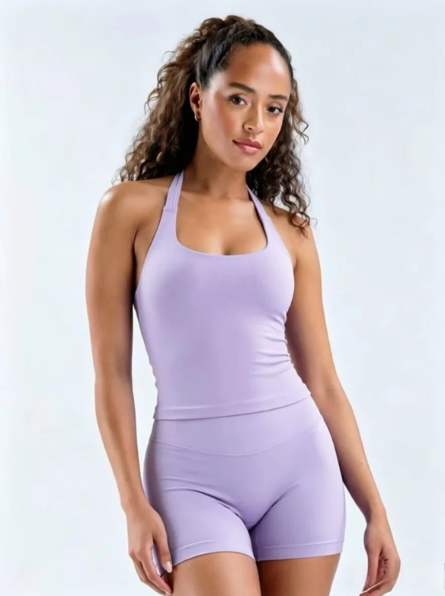 Workout Yoga 2-Teiliges Damen 3-Lagiges Neckholder Sportoutfit, Hochelastisches Nahtloses Gepolstertes Cami-Tanktop & Passende Shorts Set – Detail 19