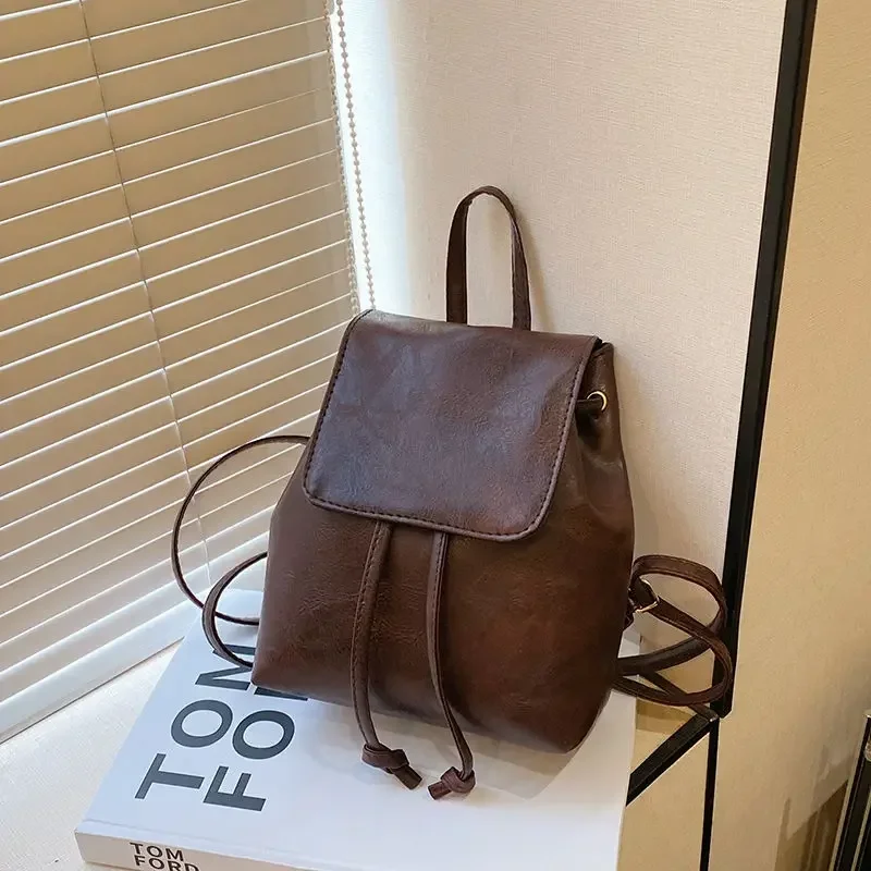 New Artistic Brown Drawstring Mini Backpack Women's Versatile Retro Single Shoulder Bag