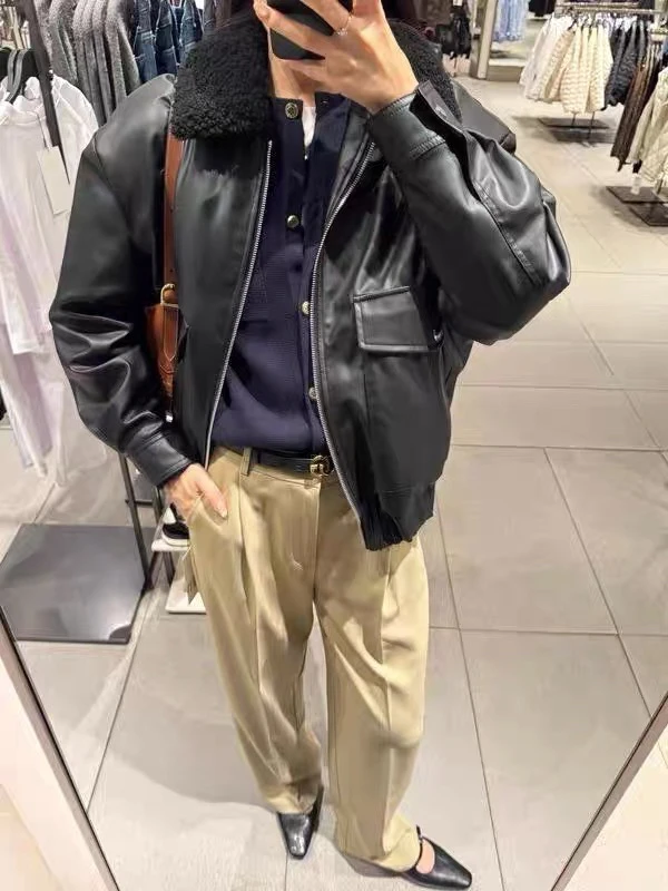 가을 겨울 신상 여성 인조 가죽 퍼 칼라 롱 슬리브 자켓 바이커 코트 스트리트 스타일 루즈핏 지퍼 클로저