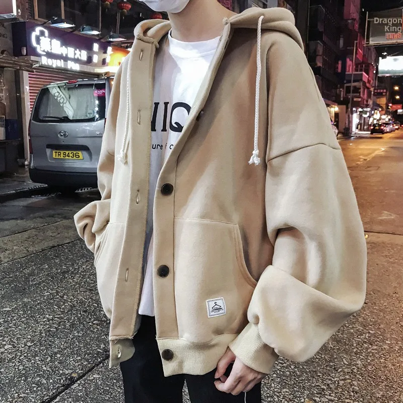 American Style Fleece Lined Hooded Open Cardigan Men's Sweatshirt Loose Fit Jacket Outerwear for Spring Autumn Winter
