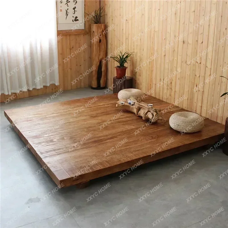 Natural solid wood tatami log style simple bed hotel modern floor-standing customized platformX
