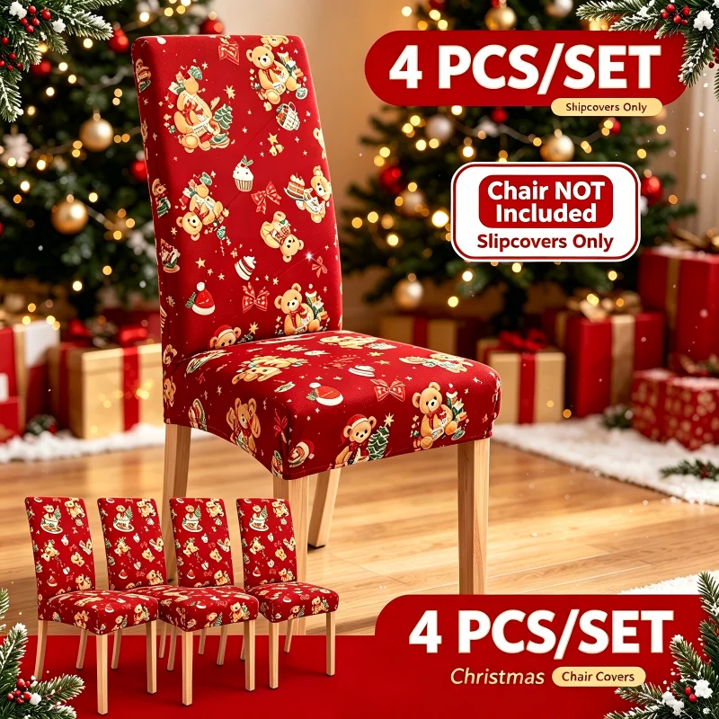 4Pcs Christmas Stretch Chair Slipcover Santa Claus Merry Christmas Print High Back Dining Chair Cover For Xmas Holiday Party