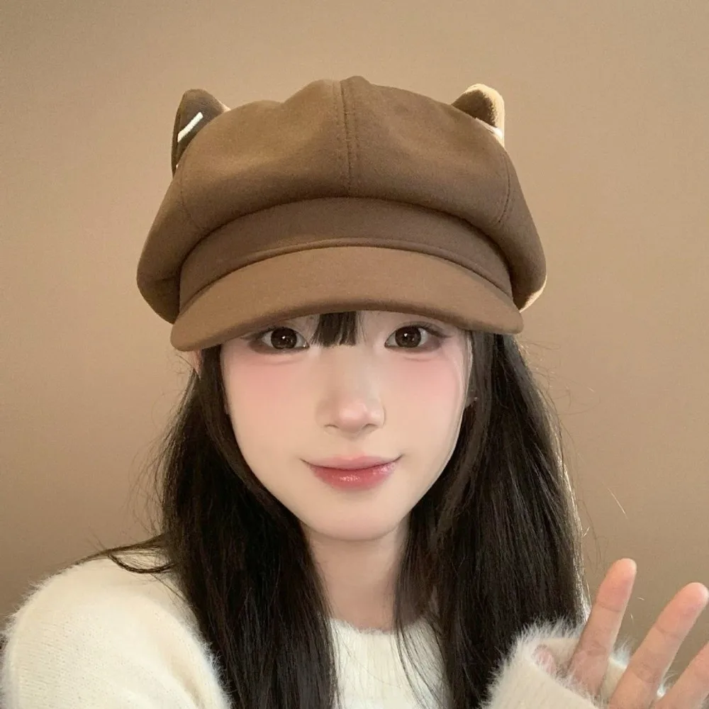 

Fashion Solid Color Cat Ear Hat Woolen Japanese Style British Beret Hat Adjustment Y2K Octagonal Cap Girls