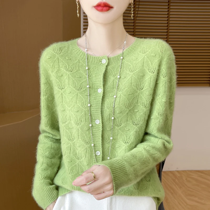 New Spring Autumn 100% Pure Wool Cardigan Women\'s Round Neck Hollow Jacquard Long Sleeved Knitted Jacket Sweater Loose Outer Top