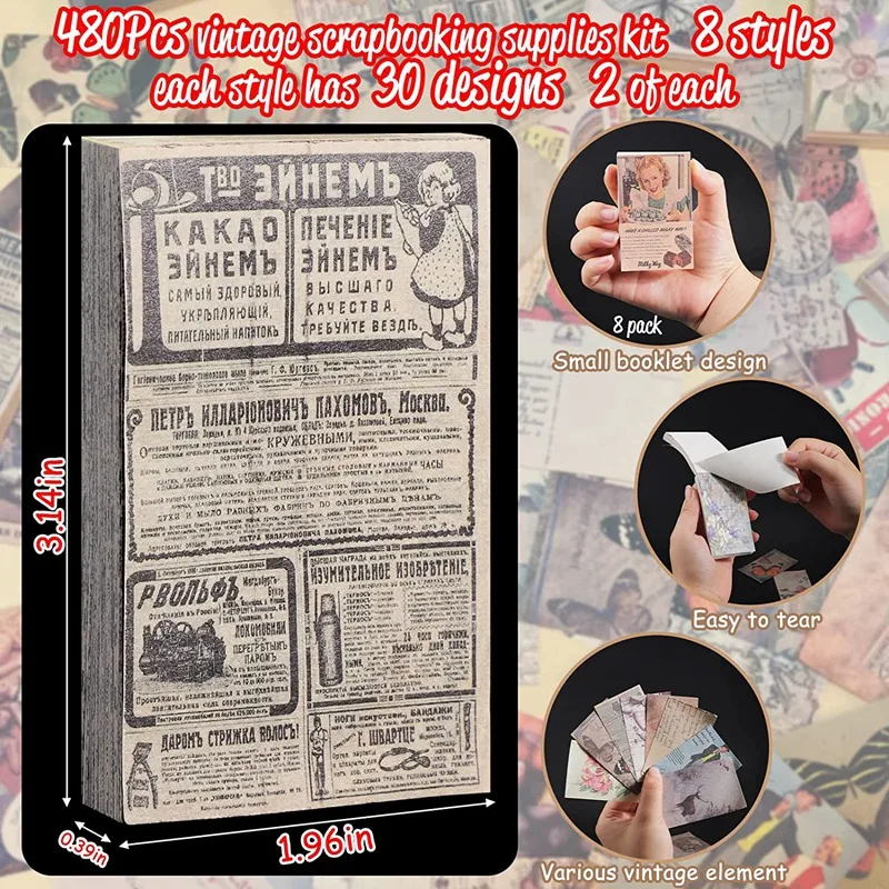 Suprimentos Scrapbooking Vintage, Scrapbook Paper para Junk Journal, suprimentos estéticos, 480pcs