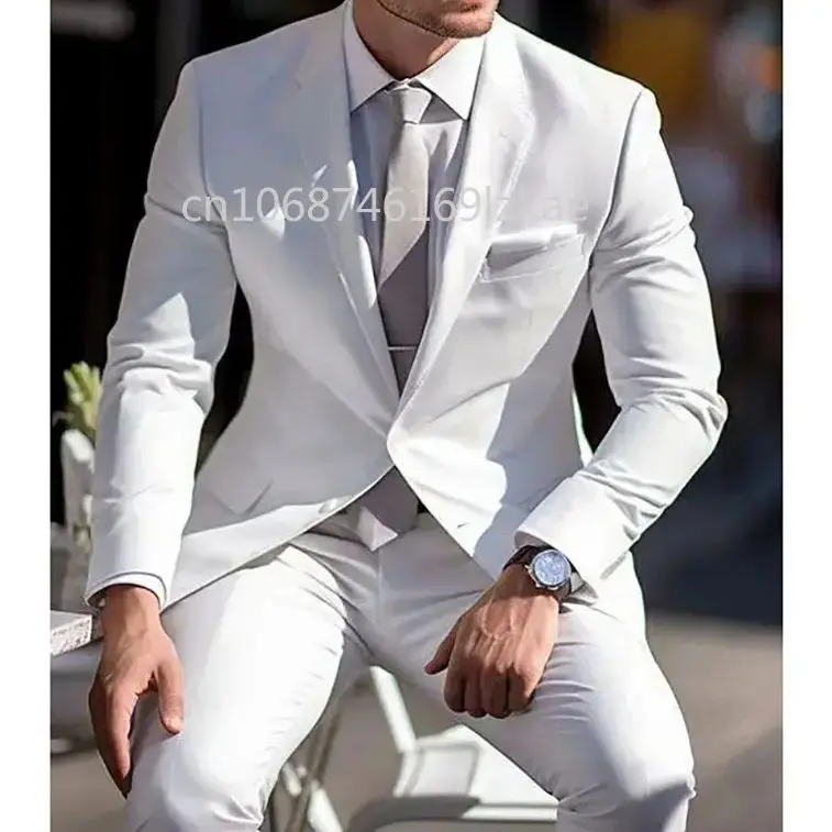 

White Men Suits Single Breasted Notch Lapel Slim Fit High Street Wedding 2 Piece Jacket Pants Set Costume Homme Tenro