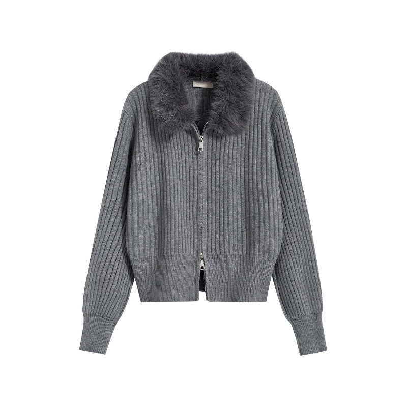 Korean Wool Collar Double Zipper Long Sleeved Knitted Cardigan for Women Autumn New Fashion High-end Temperament Versatile Coat