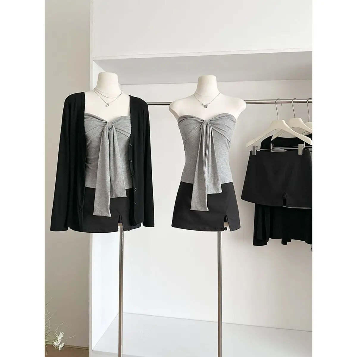 

Sexy Korean Style Grey Tube Top Vest Slim Fit Open Cardigan Women's Fashion Set Autumn New Style Spicy Girl Two-Piece Suit