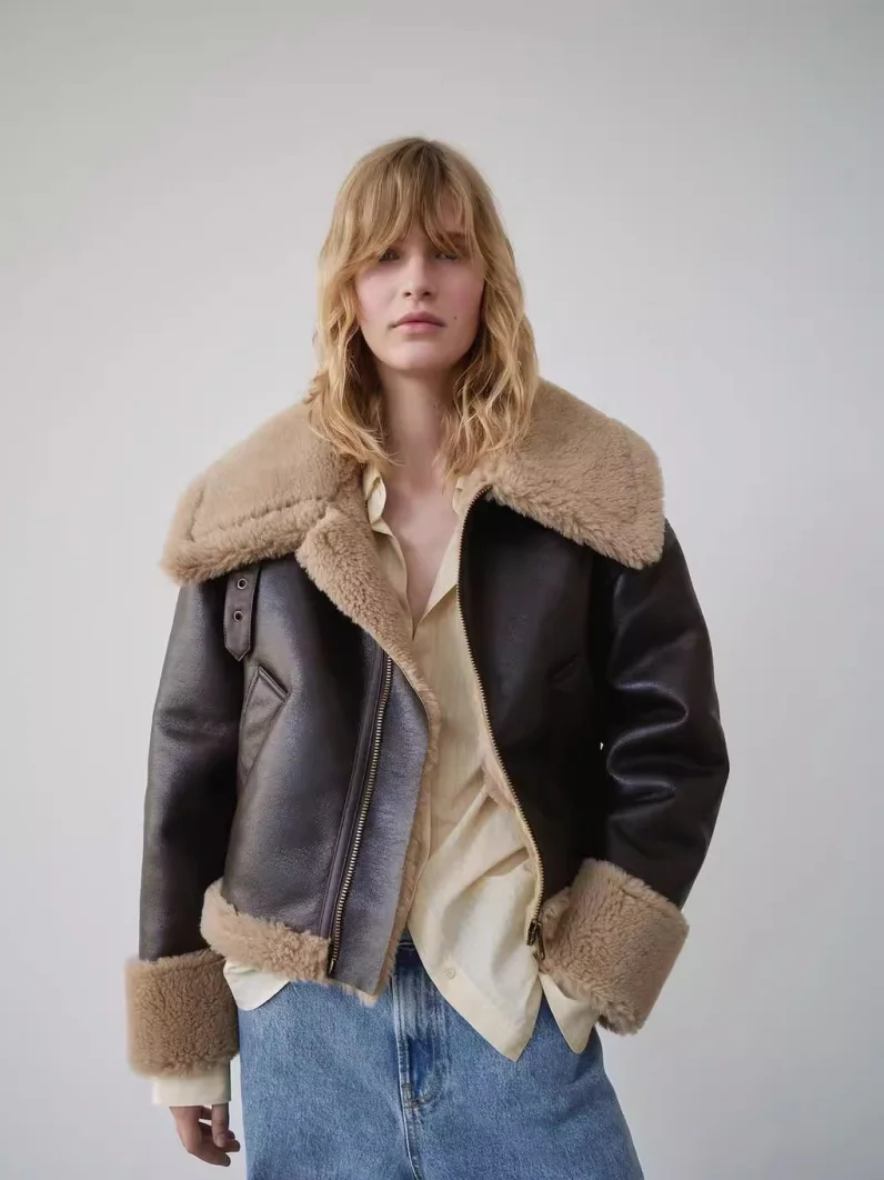 

Autumn Winter New Arrival Women's Biker Sle Lamb Fur Jaet Leather And Fur Inteated Commute Warm ort Coat Zipper Closure