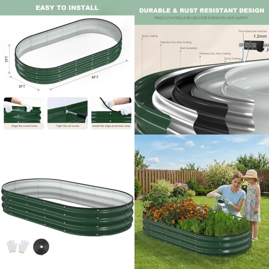 

Raised Garden Bed, Galvanized Outdoor Planter Beds with Safety Edging and Gloves, Oval Metal Planter Box for Gardening Vegetabl