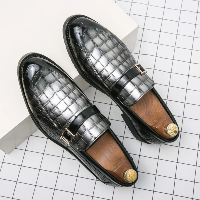 Luxury Leather Shoes Designer Men Casual Office Bussiness Grey Pointed Low-heel Loafers Mens Wedding Dress Male Shoes Mens Shoes