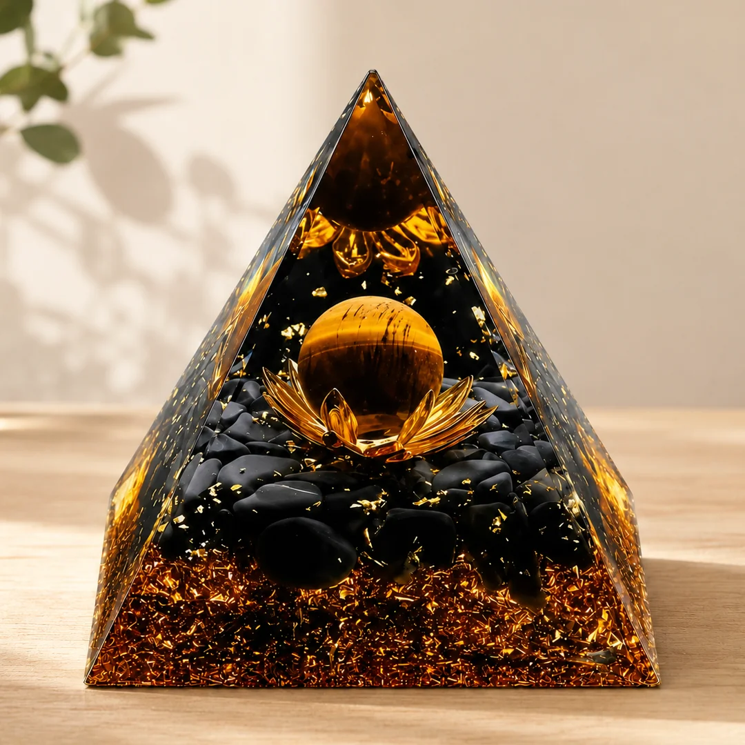 Orgonite Pyramid Black Rutilated Quartz Sphere Golden Lotus Reiki Chakra Healing Meditation Home Desk Decor Resin Craft Gift