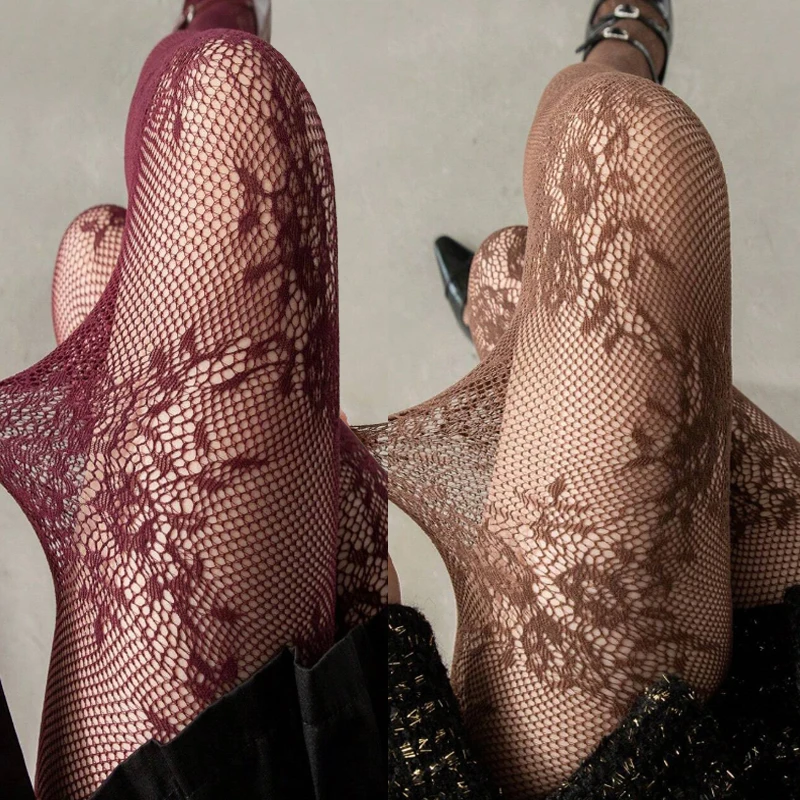Vintage Blumenmuster Spitzenstrümpfe Elastische Kniehohe Strümpfe Harajuku Ausgehöhlte Netzstrumpfhose Damen Sexy Mode Strumpfwaren