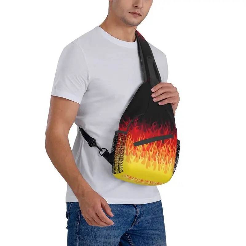 Customized Red Burning Fire Racing Flames Sling Bags Men Cool Shoulder Crossbody Chest Backpack Traveling Daypack