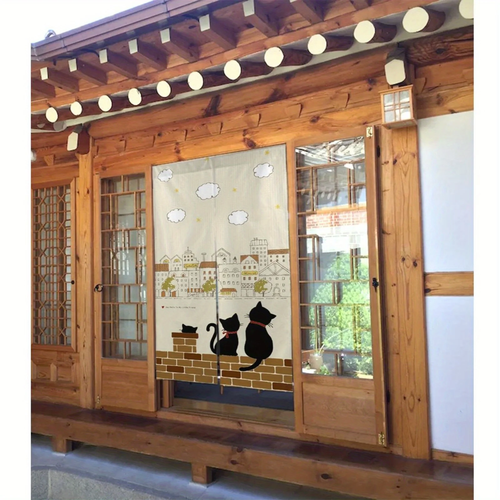 Cute Black Cats On Wall City View Door Curtain Cartoon Home Decor Enhance spatial aesthetics Can be used as a partition