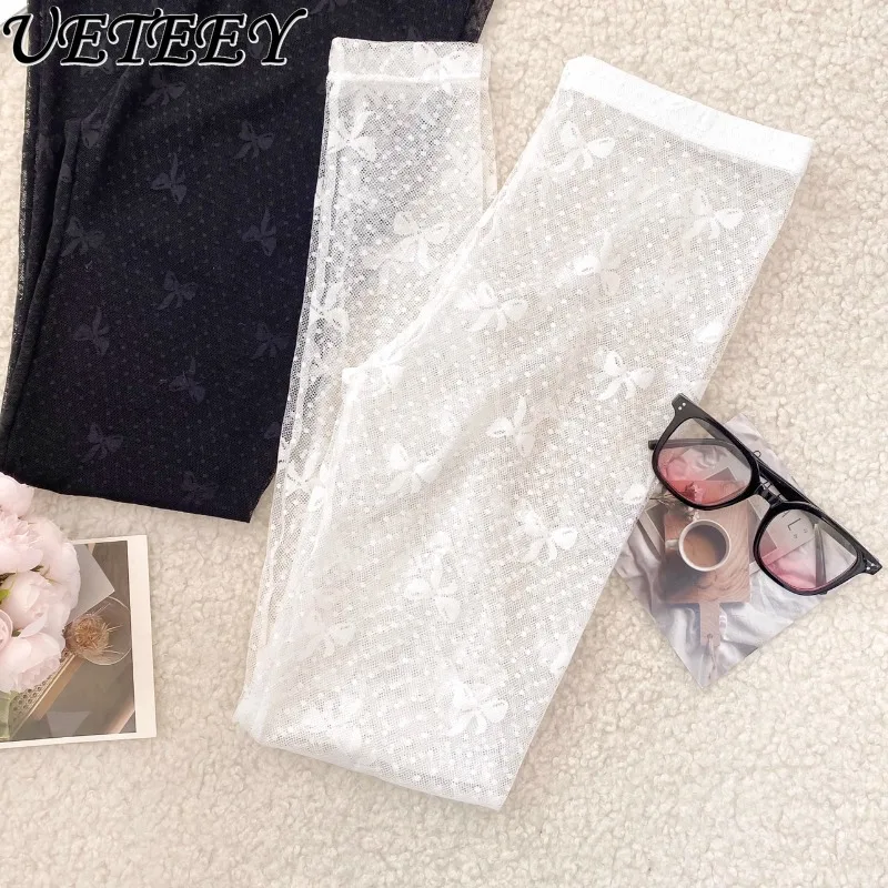 Neue Spitze Leggings frauen Sexy Dünne Neun-punkt Frühling und Sommer Oberbekleidung Mesh Hohe taille Oversize Neun-punkt Hosen