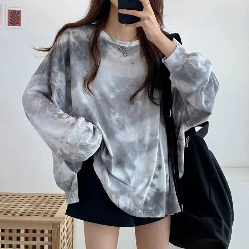 Long Sleeve Tie-dye T Shirts Female Autumn Top for Women High Quality Tees Xxl Korean Fashion Pulovers Glitter Grunge O Clothes