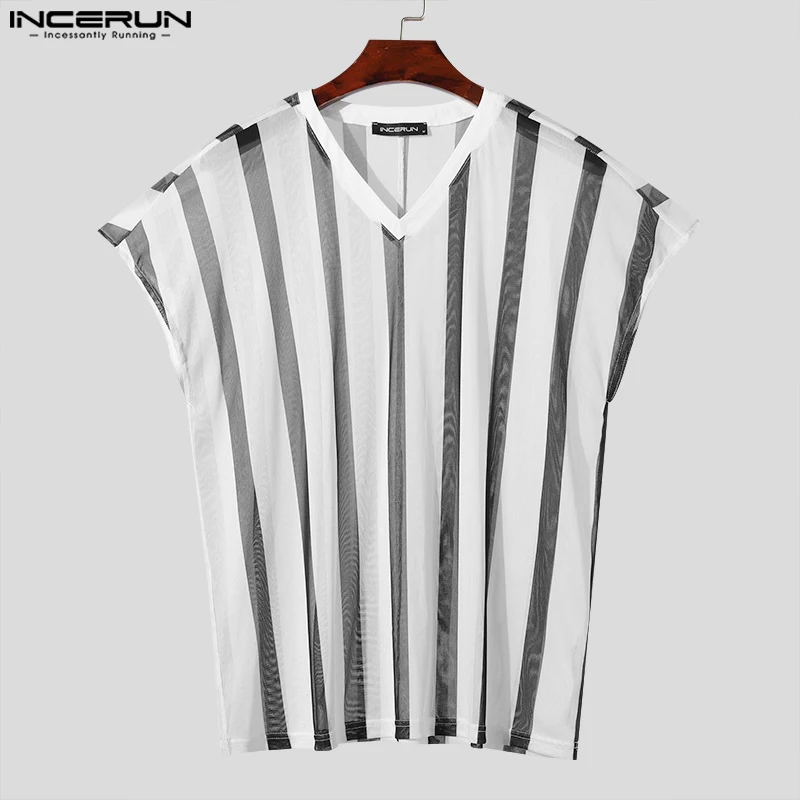 INCERUN Tops 2024 Korean Style Fashion Men\'s Large Stripe T-shirts Casual Street Personality V-neck Short Sleeved Camiseta S-5XL