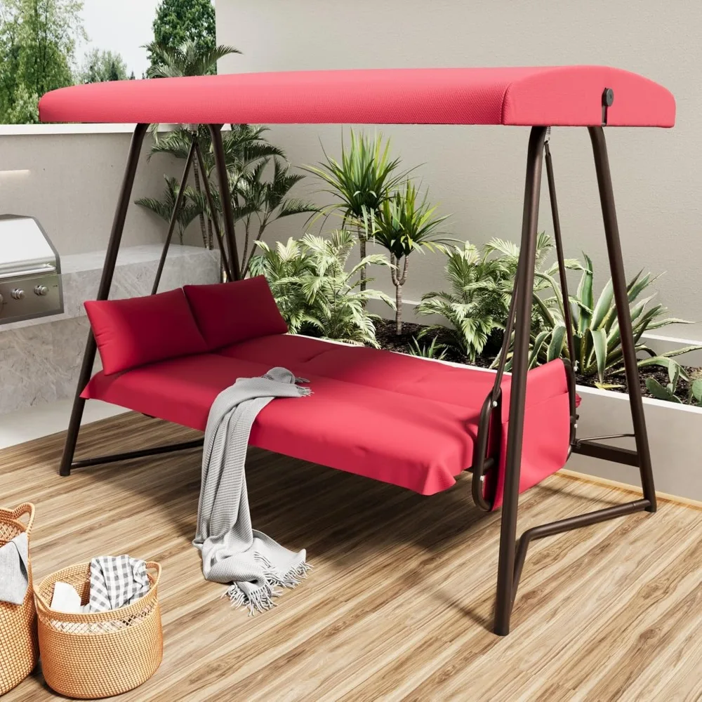 

3-4 Seat Outdoor Porch Swing with Adjustable Canopy Patio Swing Bed with Stand Large Swing Glider Bench Chair Outside 770 lbs wi