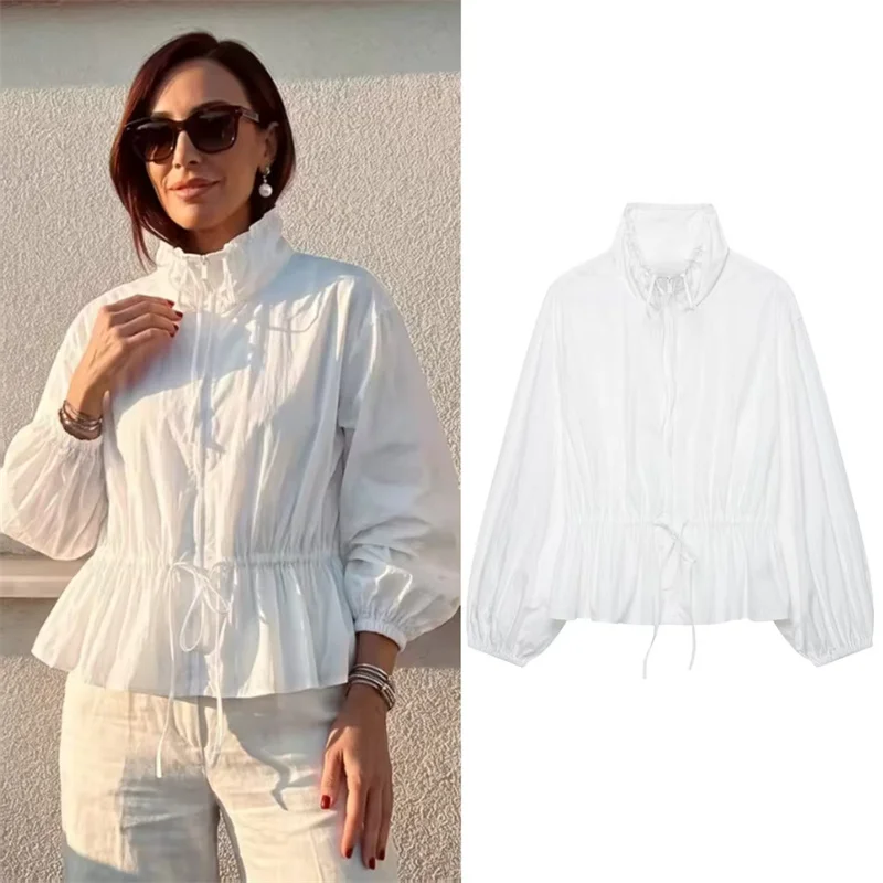 Guobioziy Women's Jacket 2026 Autumn New White Long-Sleeve Drawstring Simple Lightweight Sun-Protective Jacket Parka Casual
