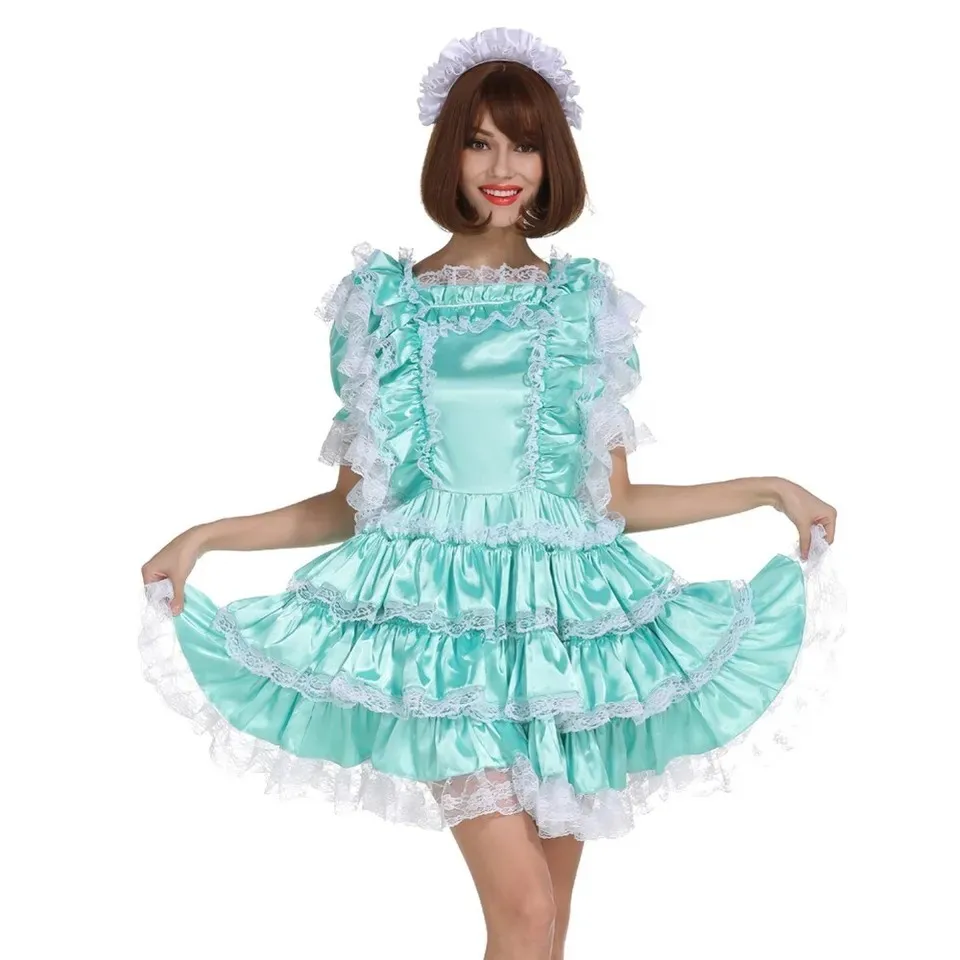 Sexy sissy French maid blue satin short sleeved lockable lace multi-layer ruffle edge dress maid cosplay costume customizable