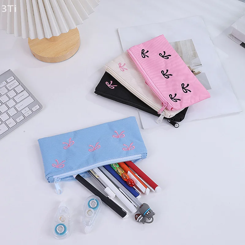 Cute Sweet Bow Pen Case Cosmetic Bag Girl Portable Coin Purse Sanitary Bag Portable Sundries Storage Bag Student Stationery Gift
