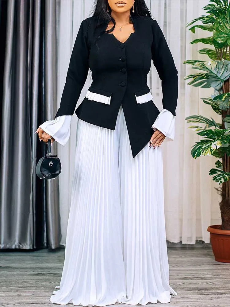 

Two Piece Set Women's Clothing Elegant Chic Blazer Top with Flare Sleeve High Street Casual Vintage Pleated Pants Sets Spring