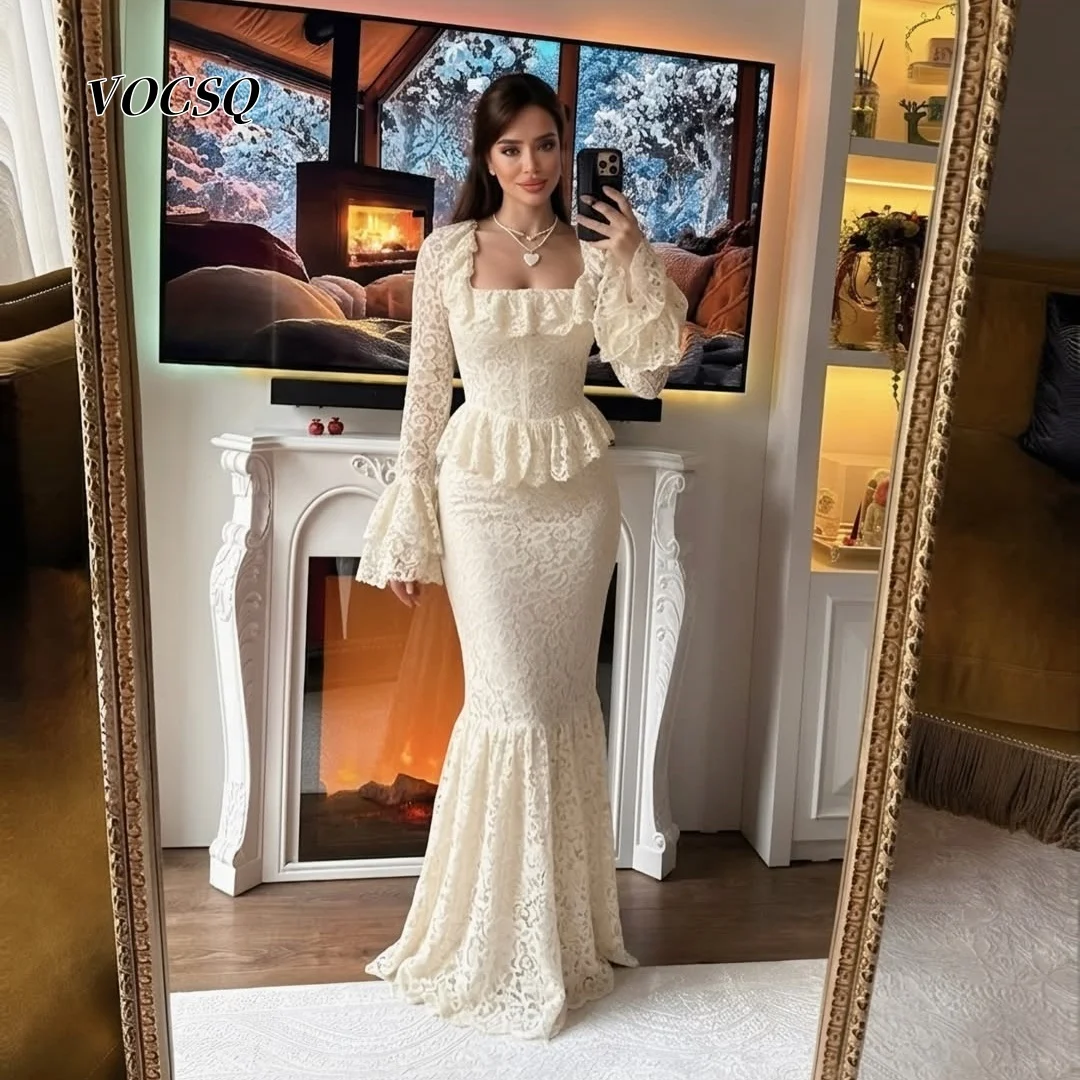 Damen-Meerjungfrauen-Abschlussballkleider 2026 Langarm-Spitzen-Elfenbein-Abendkleid Vestidos De Fiesta Elegantes 2026 Maßgeschneidert