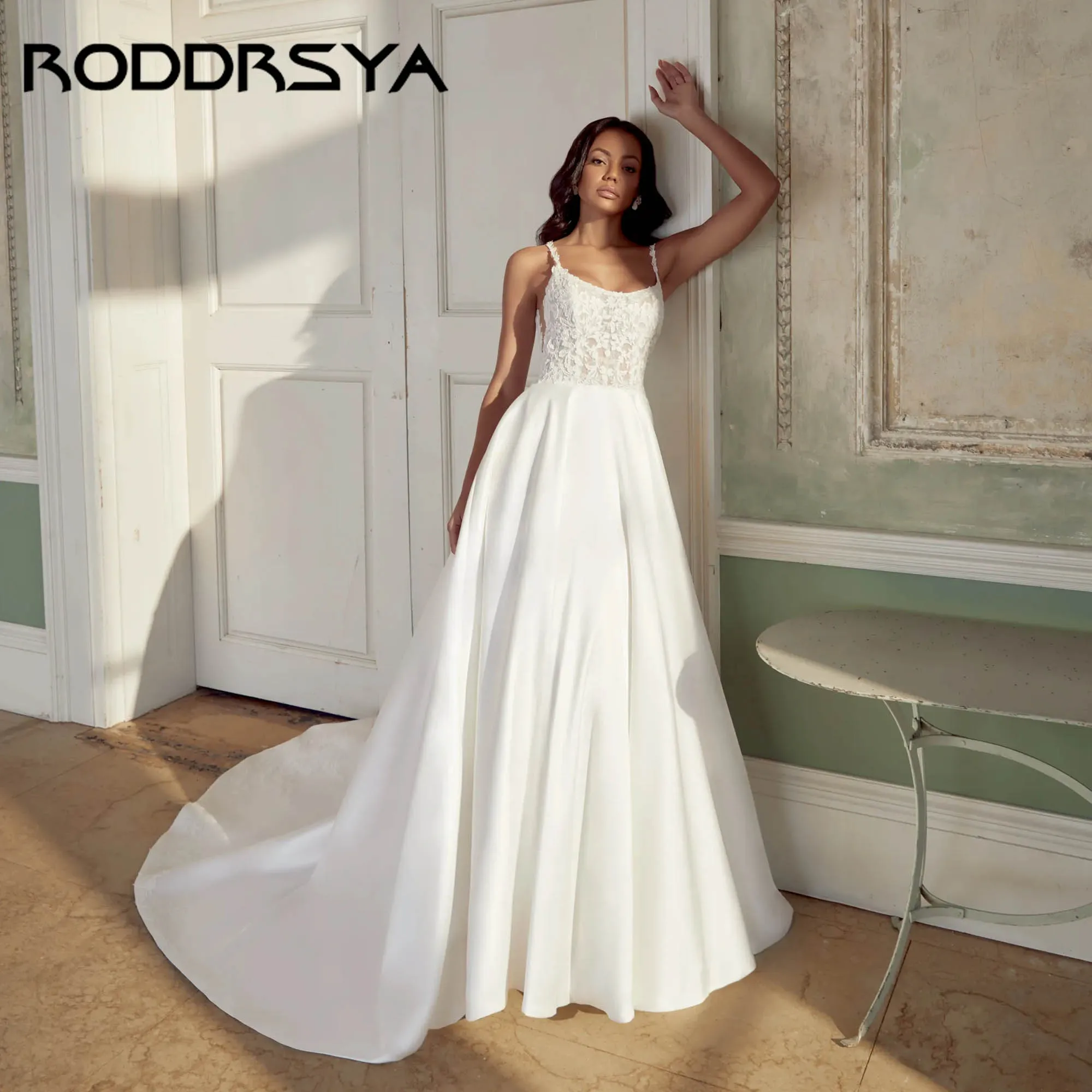 

RODDRSY Satin A-line Appliques Wedding Dress Spaghetti Straps Backless Modern Bride Gown Scoop Neck vestidos de novia Customized