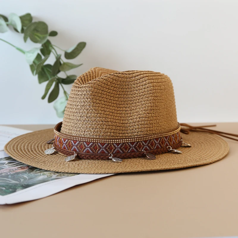 New Solid Color Straw Hat with Brown Belt Wide Brim Sun Protection Unisex Beach Sun Hats Women Summer Outdoor Jazz Panama Cap