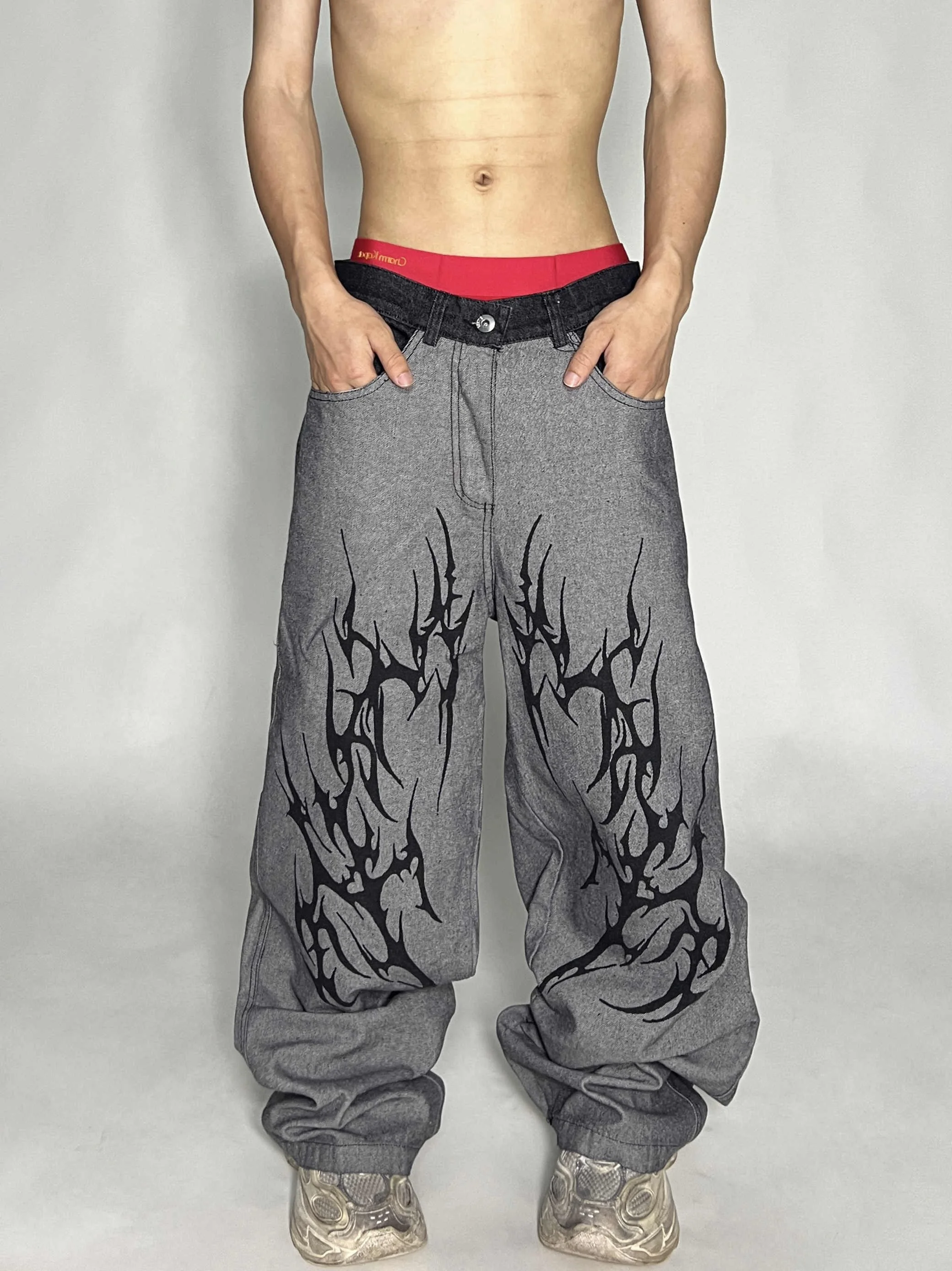 

Grey American High Street Thistle Print Patchwork Wide Leg Men's Street Hip Hop Loose Straight Long Jeans Casual Loose Fit