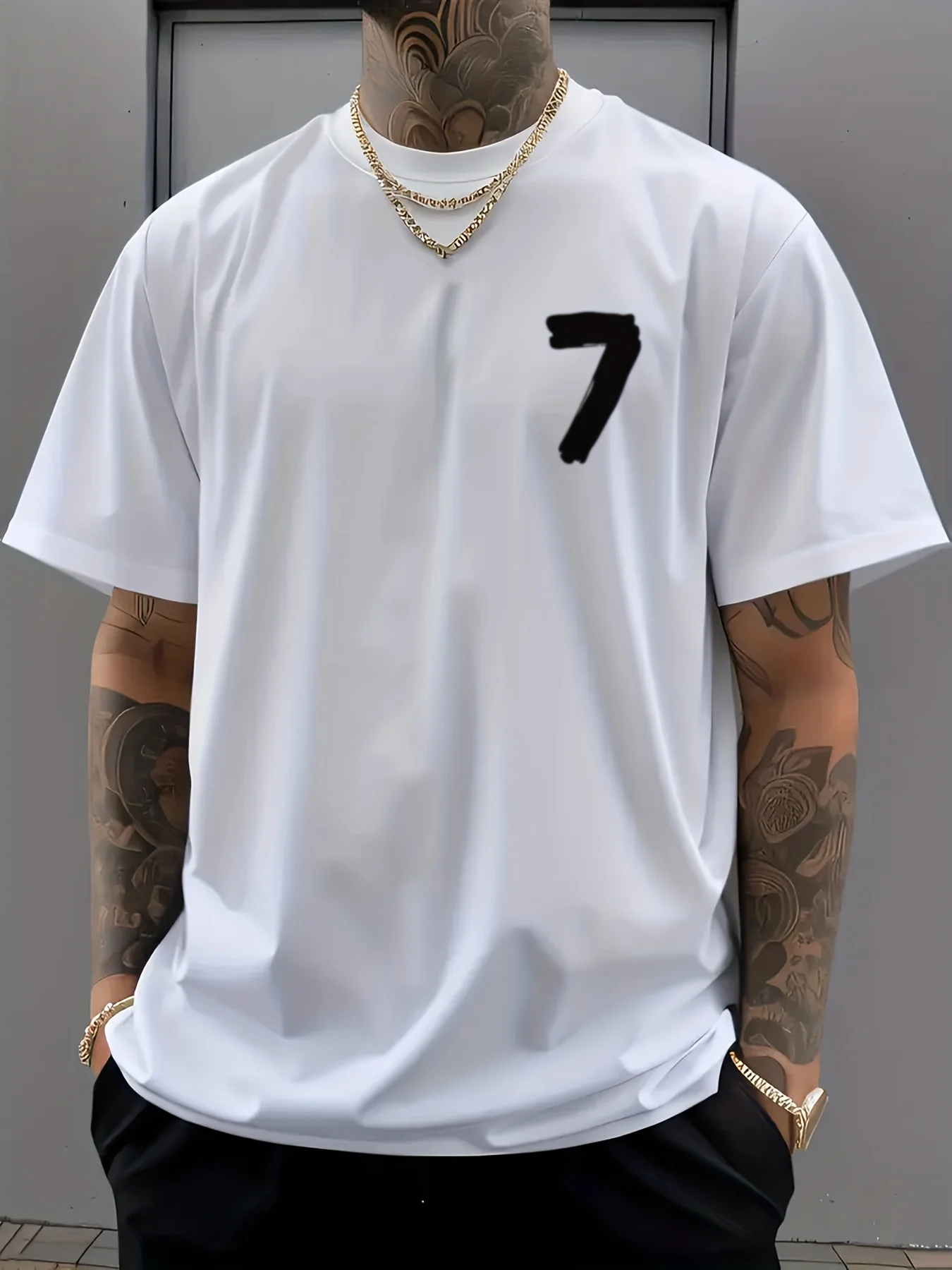 Edgy Brushstroke „7“-Zahlen-T-Shirt mit minimalistischem „Have A Good Day“-Patch-Print, 100 % Baumwolle, Herren-T-Shirt, Sommer-Streetwear – Detail 4