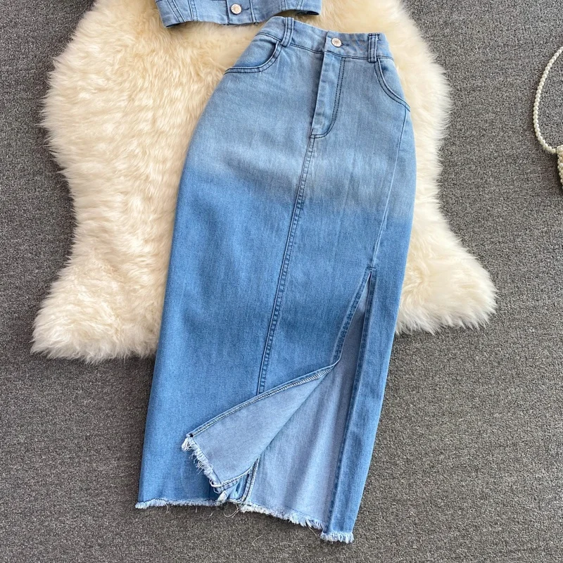 

Джинсовая юбка-миди трапециевидной формы с высокой талией и боковым разрезом, женский топ с квадратным воротником, комплект из двух предметов, летний ансамбль Faion