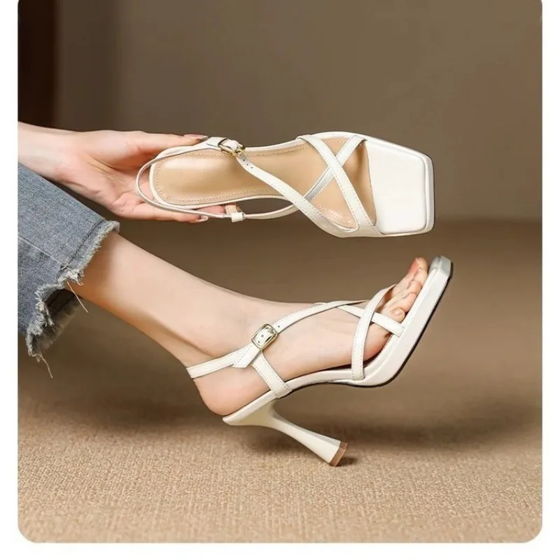 Women's Sheepskin Band Cross Strap Kitten Heel Open Toe Sandals Elegant Ladies Slim Daily Dress Pumps Plus Size Hot view 5