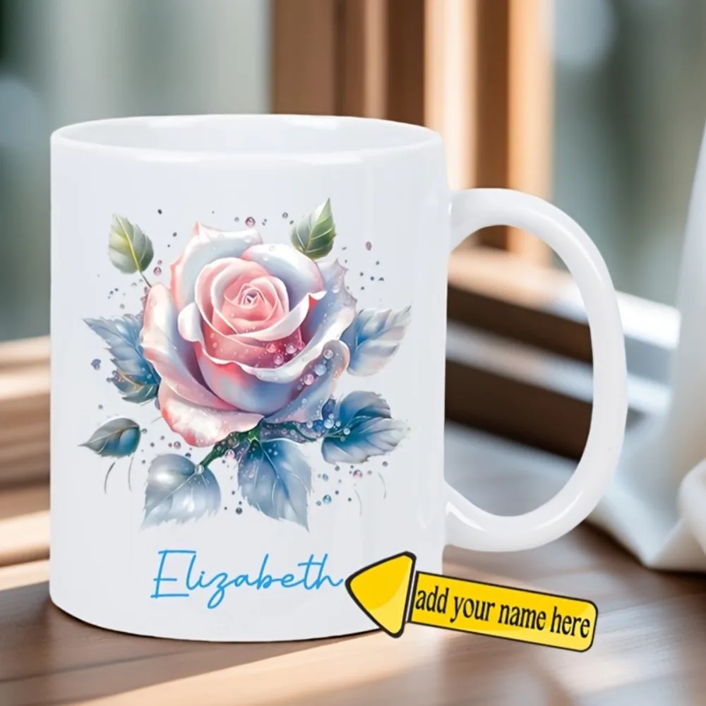 Custom Name Colorful Rose Pattern Ceramic Coffee Mug Custom Definition Text Reusable Thermal Gift for Mom Birthday