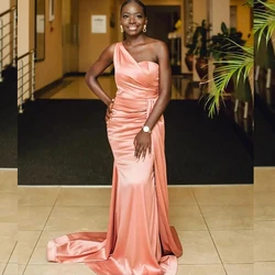 Coral Mermaid Bridesmaid Dresses One Shoulder Sweep Train Silk Satin Africa Women Wedding Guests Maid of Honor Gown Customized