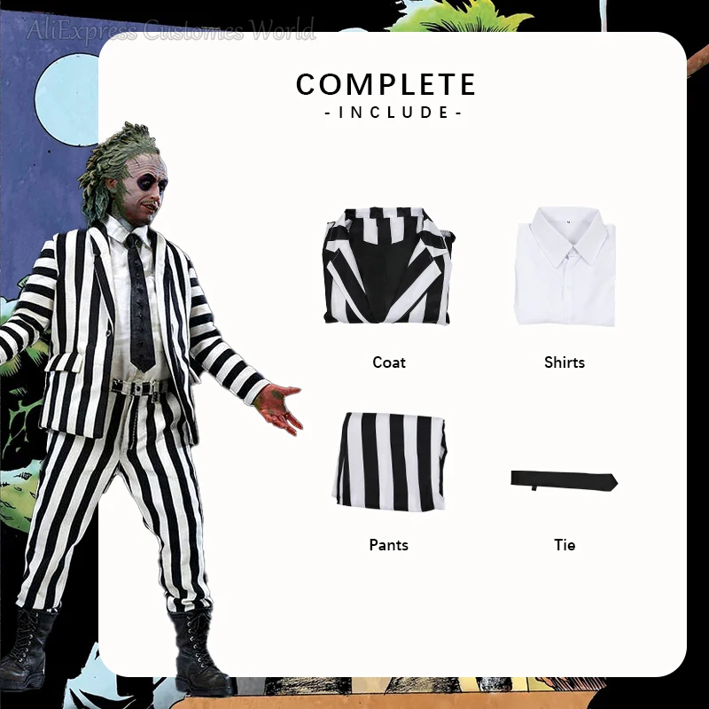 Movie Beetle Master Cosplay Costume Juice Michael Cosplay Halloween Performance Anime Men Black and White Stripes Suit Costume